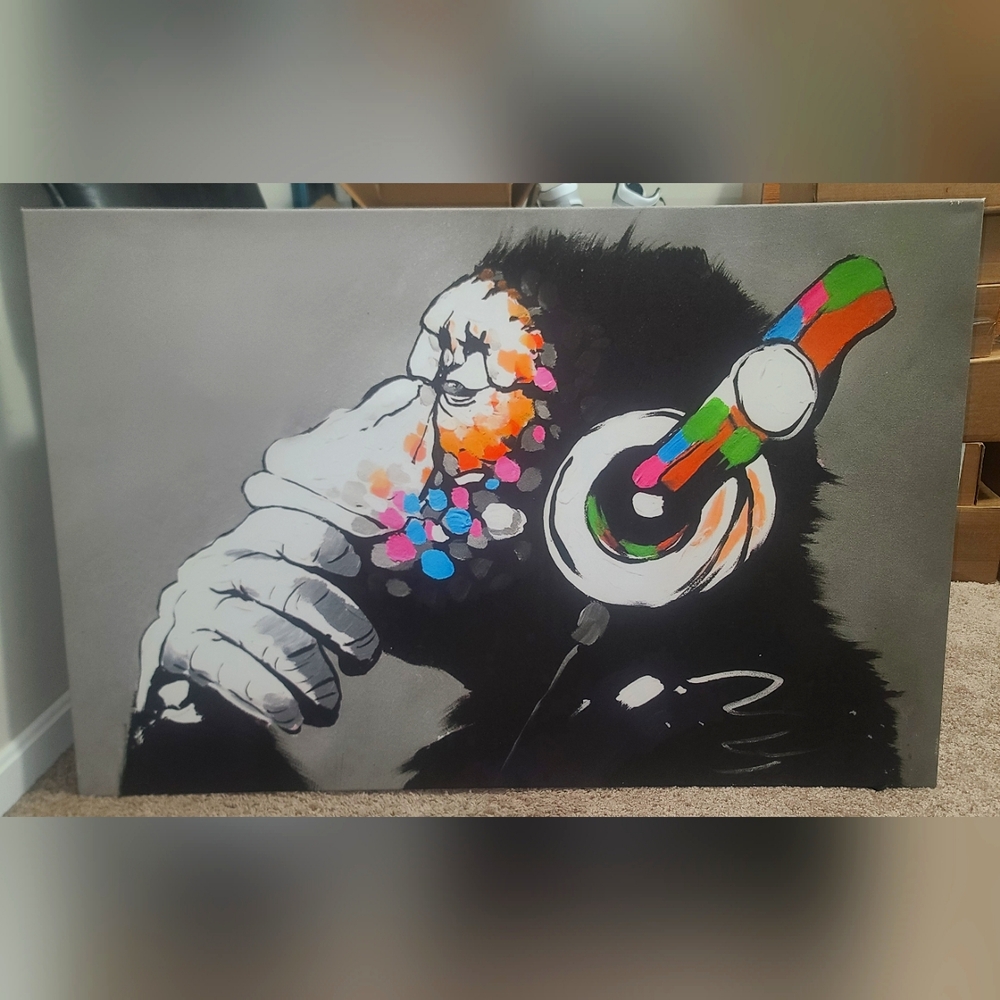 Banksy Thinking Monkey framed canvas wrapped wall art